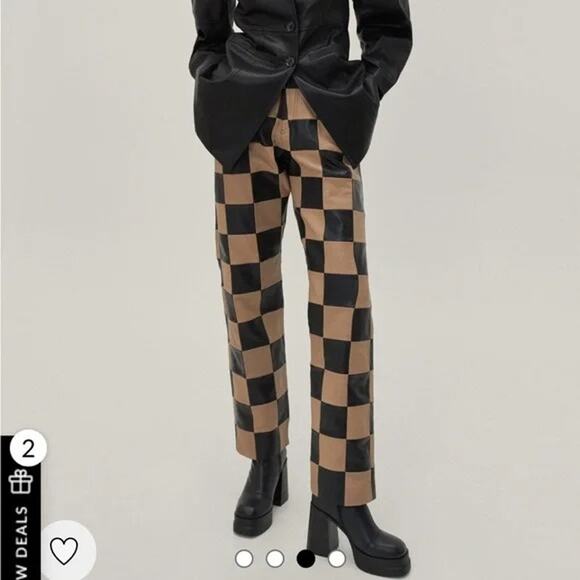 Nasty Gal Checkerboard High Waisted Real Leather Pants Womens 4 Black Brown - Picture 4 of 12